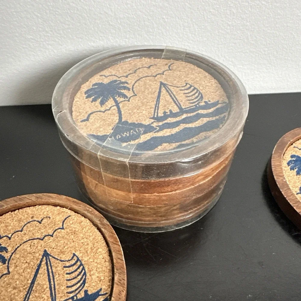Vintage Souvenir Cork & Wood Coasters Hawaii Lot of 10 Round Beach Sailboat